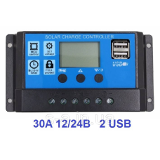 30А 12/24В Контролер заряду сонячних батарей (модулів) ШІМ (PWM) з Дисплеєм + 2USB